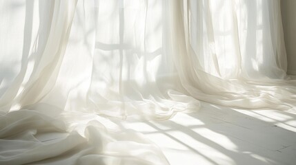 Obraz premium Bright White Room with Sheer Curtains Allowing Sunlight to Stream Through for a Calm and Inviting Atmosphere