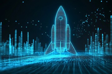 Photo Futuristic Digital Wireframe Rocket with Blue Background