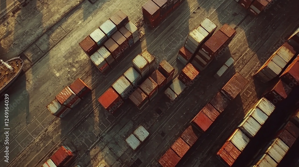 Poster container ship unloading at busy port aerial view of shipping containers industrial environment logi