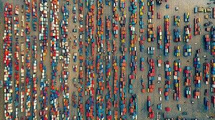Massive cargo container stacking operations shipping yard aerial view industrial environment efficient supply chain management - obrazy, fototapety, plakaty