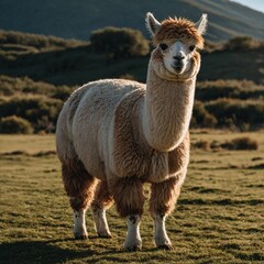 Obraz premium A fluffy alpaca grazing in a colorful Andean meadow.A casual photo of a llama against the backdrop of nature.Llama in Pastoral Setting