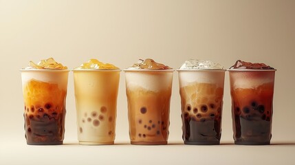 Five colorful drinks with tapioca pearls are arranged in clear cups, showcasing a variety of flavors and textures against a neutral background.