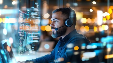 Professional male working on data analysis while wearing a headset in a modern office setting