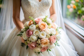 Bridal bouquet with white pink and peach roses for weddings
