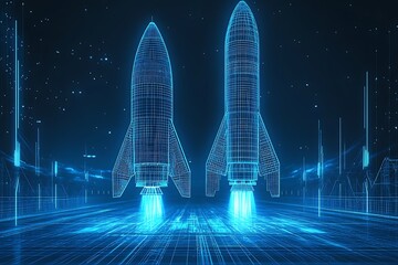 Photo Futuristic Digital Wireframe Rocket with Blue Background