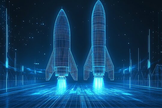 Photo Futuristic Digital Wireframe Rocket with Blue Background