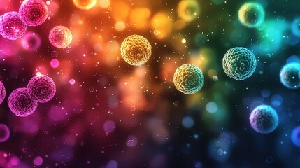A vibrant, colorful depiction of microscopic cells or bacteria, set against a dark background, showcasing a blend of glowing hues and intricate details.