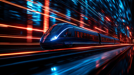 Fototapeta premium high speed train races through futuristic city, showcasing vibrant blue and red lights. dynamic motion creates exhilarating atmosphere of speed and innovation