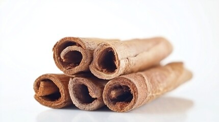 Cinnamon sticks are beautifully stacked and ground, showcasing their rich texture and warm colors against a pristine white background