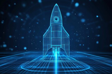Photo Futuristic Digital Wireframe Rocket with Blue Background