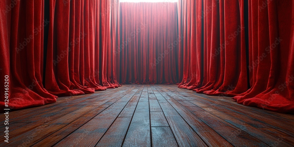 Poster empty theater stage with scarlet curtains draping across wooden floor creating a dramatic and captiv
