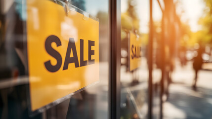 Clearance sale signs displayed prominently in store windows, attracting shoppers with enticing discounts and promotions, reflecting the excitement and urgency of retail bargains.