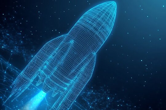 Photo Futuristic Digital Wireframe Rocket with Blue Background