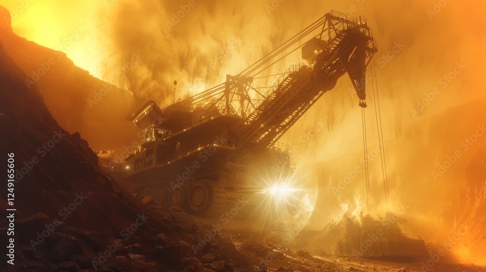 Fototapete A large mining excavator works tirelessly under fiery skies and dense smoke. The intense heat and activity capture the challenging environment of resource extraction in the evening.