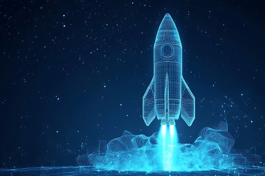 Photo Futuristic Digital Wireframe Rocket with Blue Background