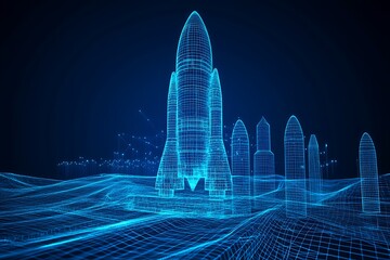 Photo Futuristic Digital Wireframe Rocket with Blue Background