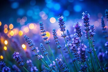 Fototapeta premium Serene Night Lavender Close-Up: Delicate Purple Blooms Under Starry Sky