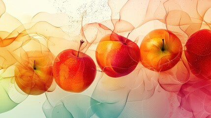 A vibrant display of apples intertwined with colorful textures and soft waves, creating a dynamic and artistic visual.
