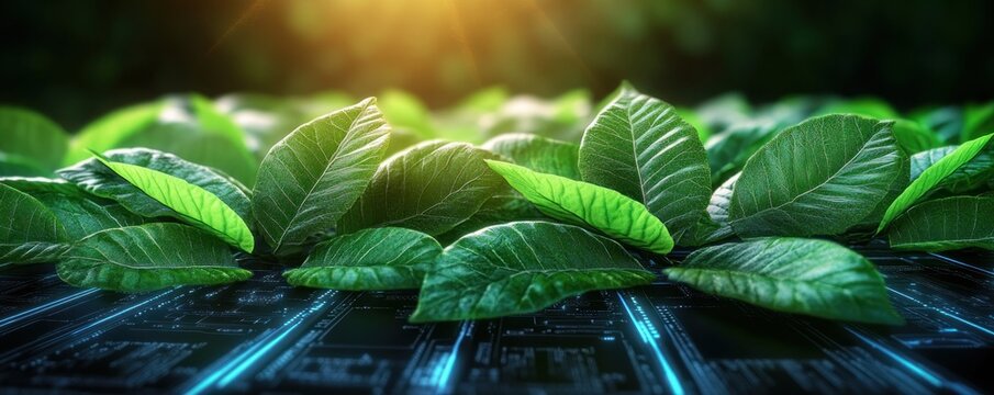 Visualize sustainable growth with this conceptual image of performance metrics and productivity tracking Envision a futuristic workspace with holographic data integrated into the natural environment