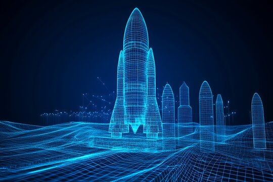 Photo Futuristic Digital Wireframe Rocket with Blue Background