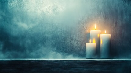 A serene composition featuring three lit candles against a softly blurred, moody background, This image can evoke feelings of tranquility and is ideal for wellness, relaxation