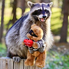 Heart Thief Raccoon: A charming raccoon holding a "YOU STOLE MY HEART" stuffed toy, capturing a playful and adorable moment in the forest, perfect for wildlife and love-themed collections.
