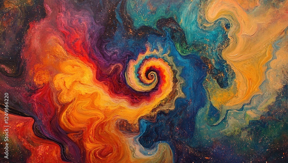 Poster cosmic swirl: abstract painting of vibrant colors and celestial patterns, expressing infinite creati