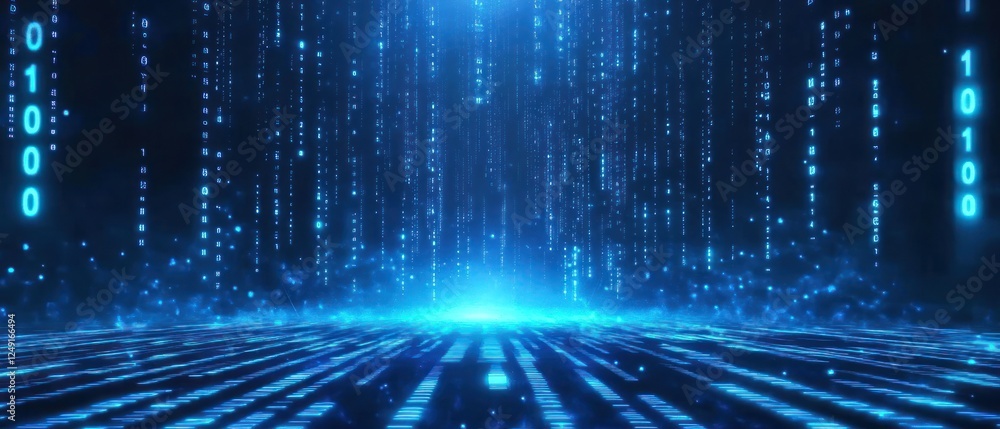 Poster futuristic digital landscape with binary code and glowing lights