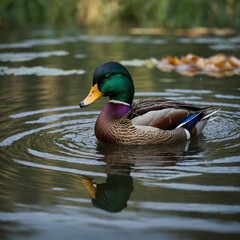 Obraz premium mallard duck on the water, swim in the lake Duck Mallard in Sunset Light The mallard duck glides across the liquid.A mallard duck swimming calmly in a serene pond surrounded by lush greenery.