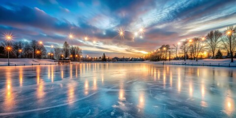 Tranquil Ice Rink at Dusk with Glowing Lights in Winter Landscape