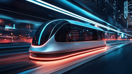 Fototapeta premium A futuristic train glides through a vibrant cityscape, illuminated by neon lights, showcasing advanced design and technology.