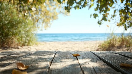A serene beach view captures weathered wooden planks in the foreground, framed by leaves and tranquil waters beyond, Ideal for promoting relaxation, travel, and nature themes,