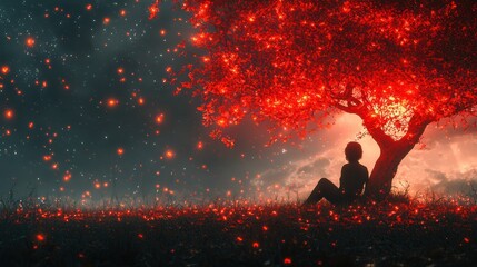 Serene Silhouette Under Radiant Autumn Tree at Twilight