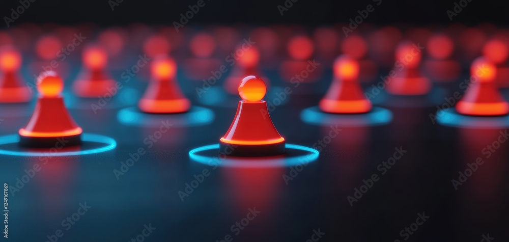 Aufkleber network of glowing red game pieces connected by blue circles, creating vibrant and dynamic visual. This symbolizes connection and interaction in digital space