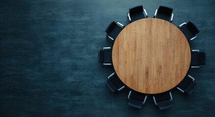 modern circular table surrounded by black chairs, ideal for meetings and discussions, creating collaborative atmosphere