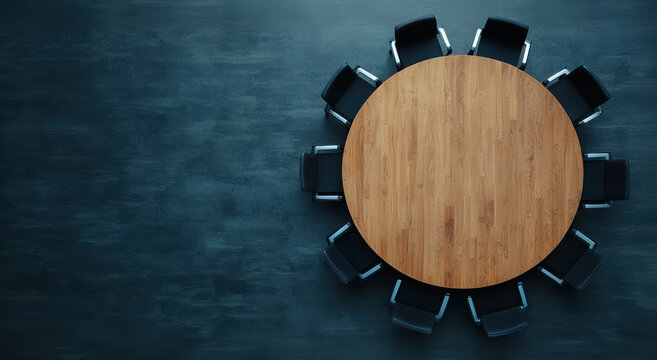 modern circular table surrounded by black chairs, ideal for meetings and discussions, creating collaborative atmosphere