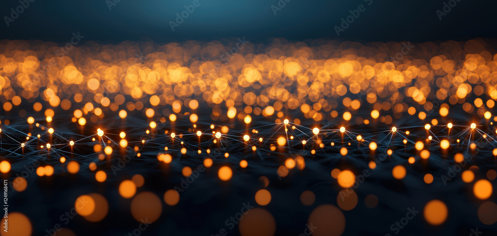 Poster Glowing nodes and links create vibrant networking concept, showcasing modern technology and connectivity. warm orange lights evoke sense of innovation and collaboration