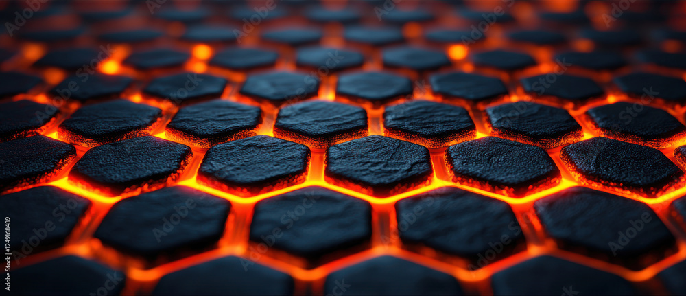 Leinwandbilder close up view of hexagonal pattern with glowing edges, creating modern and dynamic texture. warm light contrasts with dark surface, evoking sense of energy and innovation