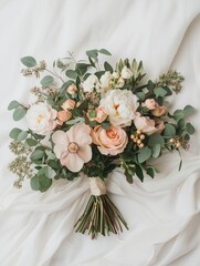 A beautifully arranged wedding bouquet featuring white and peach roses, greenery, and delicate blooms, placed on a soft fabric background.
