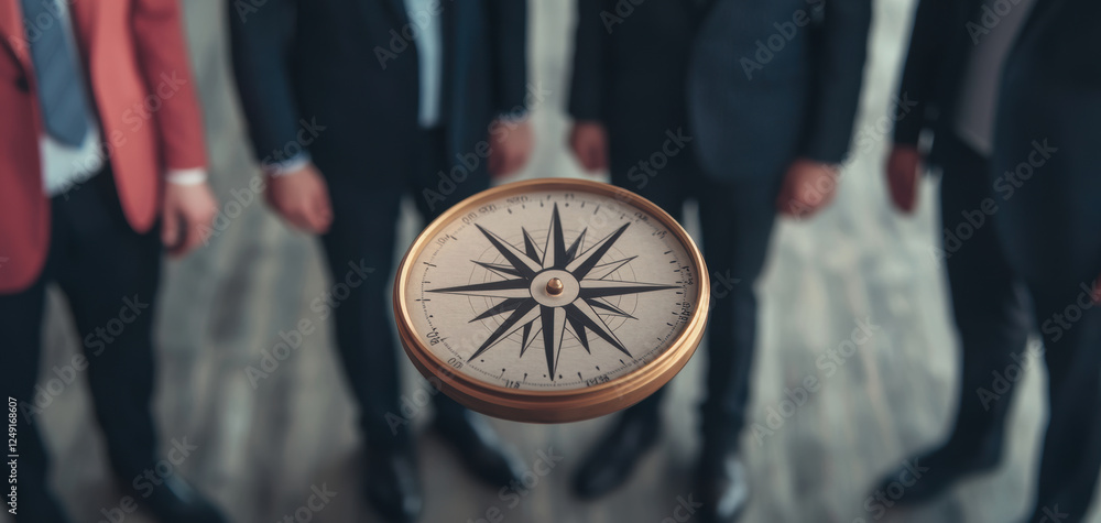 Aufkleber professionals gathered around digital compass, symbolizing direction and teamwork in business settin