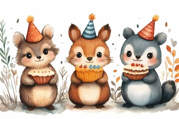 Fototapeta premium Cute woodland animals celebrating with cupcakes at a cheerful party in a colorful setting