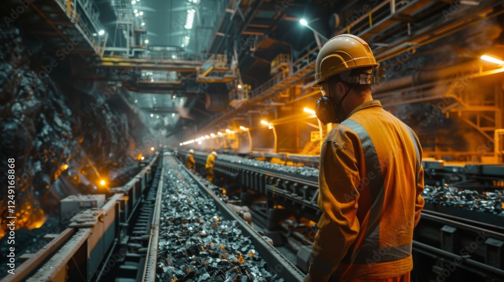 Aufkleber Workers in an underground mining facility oversee material transport along conveyor belts in a dimly lit area during evening hours, showcasing safety protocols and teamwork.