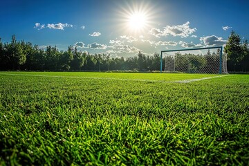 Football field with perfect grass and goalposts under the sun