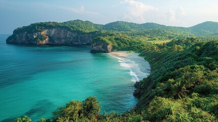 Fototapeta premium Serene coastal landscape with turquoise waters, lush greenery, and distant hills