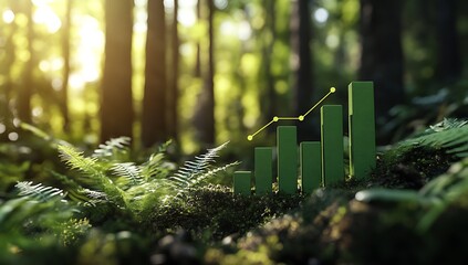 A green bar graph with an upward trend is placed in the forest