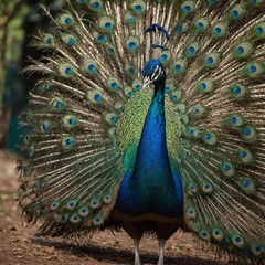 Naklejka premium A vibrant peacock displaying its majestic tail feathers in the zoo garden.Colorful Peacock Displaying Feathers