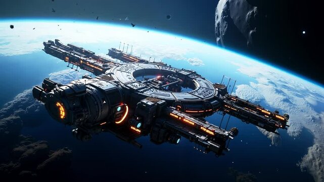 A spaceship flying over a space station in the sky