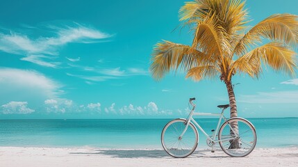 A serene beach scene featuring a bicycle next to a tropical palm tree against a backdrop of clear blue skies and tranquil waters.