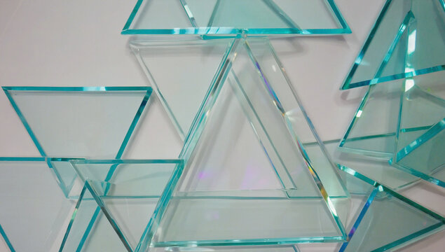 Geometric Glass Fragments: A captivating abstract composition showcasing a cluster of translucent triangular glass shards in various sizes and angles, creating an interplay of light and shadows.