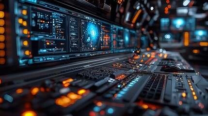 Fototapeta premium Futuristic control room monitoring data; background screens display information